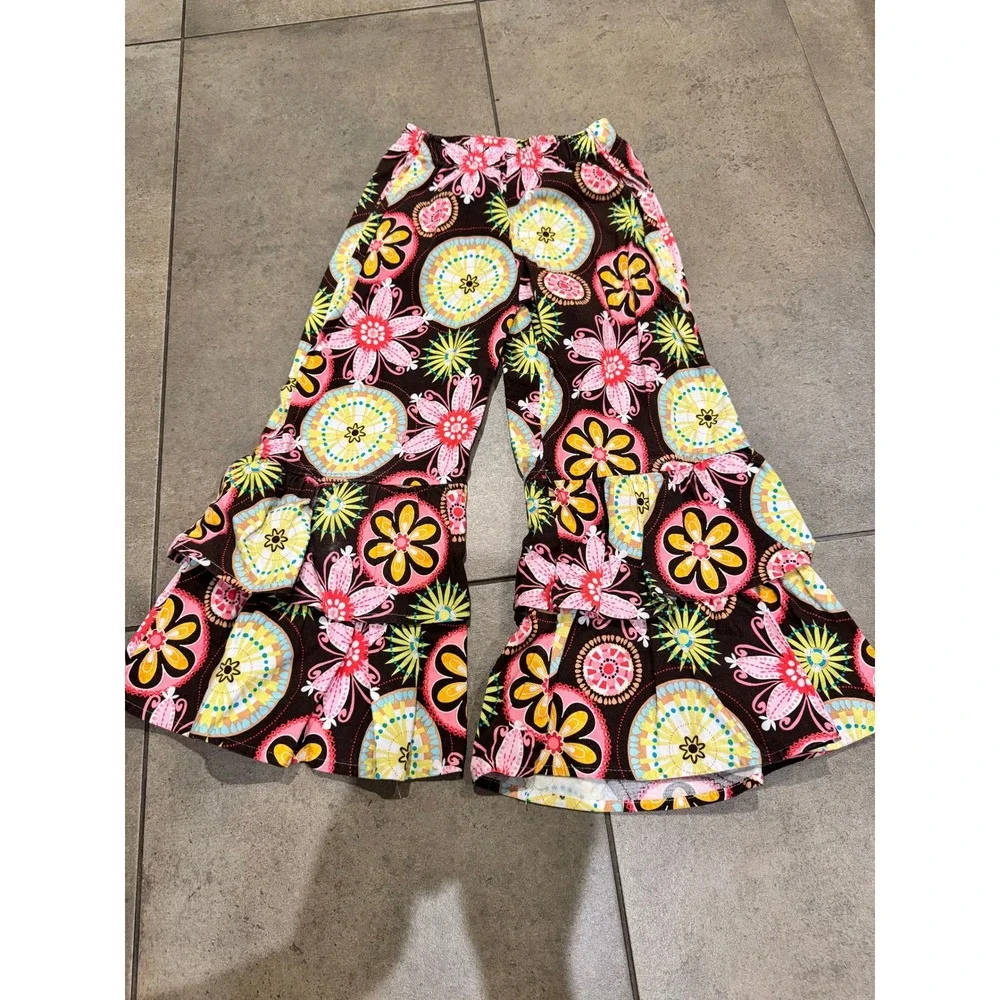 Chatti Patti Girls Brown Floral Retro Bell Bottom Ruffle Pants Size 6 Boho Flare
